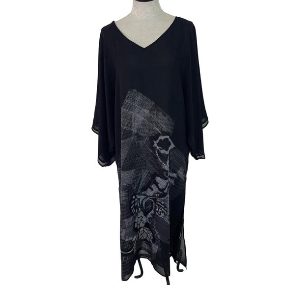 Soma Womens Kimono Size M Black Caftan Abstract Print Chiffon Layered Side Slits - Picture 1 of 9